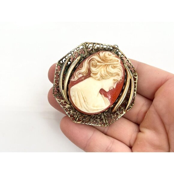 XL Dark Gold Toned Oval Carved Faux Cameo Vintage Pendant Bypass Frame - Picture 10 of 10